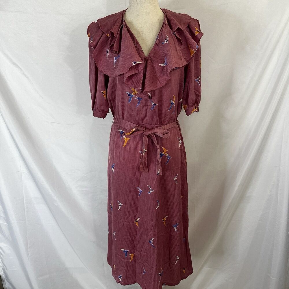 Vintage Neiman Marcus Pink Bird Print Dress SM Belted Ruffle Neck Polyester Midi